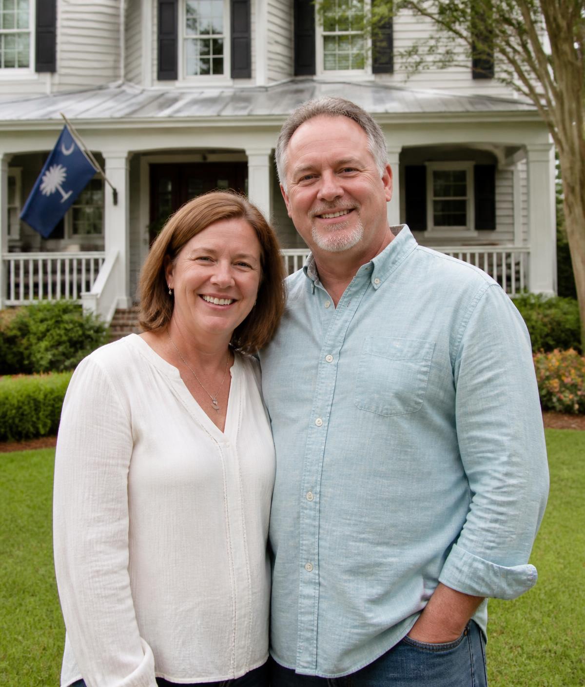 South Carolina homeowners standing in front of the house they sold